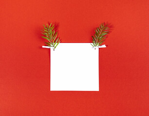 Creative Christmas deer face made of white square sheet and two fir twigs as reindeer antlers on red