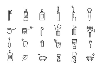 Dental care, icon set, health of teeth. Daily routine. Oral hygiene