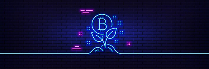 Neon light glow effect. Bitcoin line icon. Cryptocurrency startup sign. Crypto leaf symbol. 3d line neon glow icon. Brick wall banner. Bitcoin project outline. Vector
