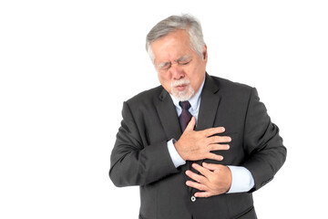 Asian senior man , old man with suit suffering from bad pain in his chest heart attack isolated on white background with copy space - senior heart disease