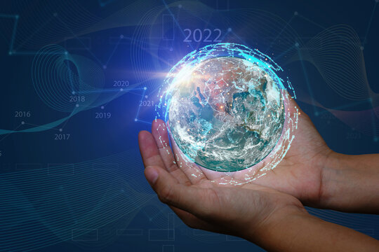 Businessman holding global network connect social future. World map point and line composition global business, communication technology. Digital link tech of the future in the hand virtual world.