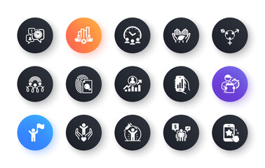 Minimal set of Career ladder, Leadership and Delivery man flat icons for web development. Teamwork chart, Meeting time, Teamwork icons. Inspect, Fair trade, Vaccine protection web elements. Vector