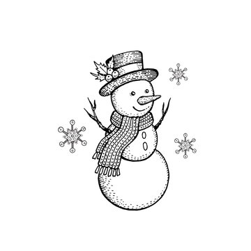 recommend clip art: Snowman doodle sketch. Christmas coloring book page. Scribble snow man in hat, scarf. Line vector snowman. Black art of snow man. Hand drawn cartoon. Outline isolated Christmas and winter illustration