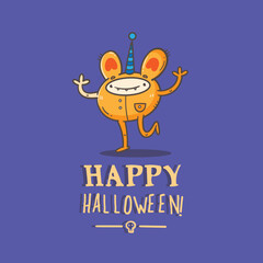 Doodle card with cute cartoon monster. Fabulous fictional character. Halloween poster. Vector contour colorful image.