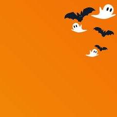 Halloween theme with bat and ghost. Creepy Halloween objects on orange background with space for text. Minimalist Halloween greeting card. vector illustration of a happy halloween
