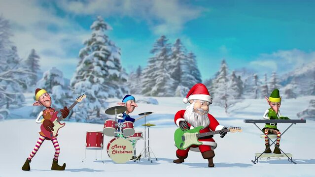 Funny Santa Claus and elfs play musical instruments in the Christmas winter forest. The concept of Christmas and New Year. Seamless Loop Christmas animation.