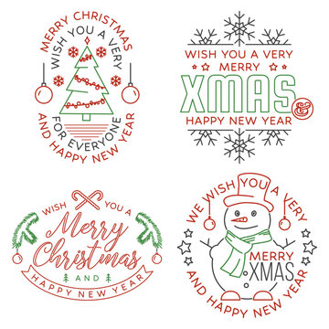 Set of Merry Christmas and Happy New Year stamp, sticker Set quotes with snowflakes, christmas snowman, , sweet candy, angels, santa claus. Vector. Line art design for xmas, new year emblem.