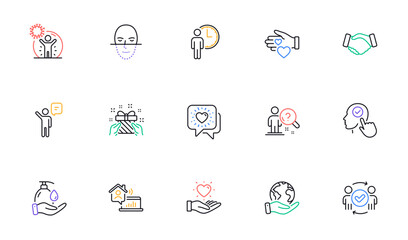 Face recognition, Work home and Gift line icons for website, printing. Collection of Save planet, Volunteer, Approved teamwork icons. Wash hands, Friends chat, Handshake web elements. Vector