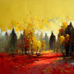 Fototapeta premium Autumn forest landscape. Colorful watercolor painting of fall season. Red and yellow trees.