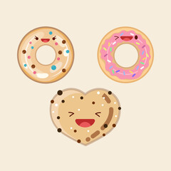 Donuts and cookies in the shape of a heart. Vector icon cute illustration. Sticker kawaii cartoon logos. Food  concept.  Flat cartoon style suitable for web landing page, banner, sticker, background.