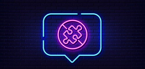 Neon light speech bubble. No Puzzle line icon. Jigsaw piece sign. Business challenge symbol. Neon light background. No puzzle glow line. Brick wall banner. Vector © blankstock
