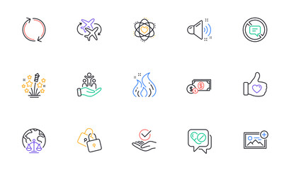 Loud sound, Connecting flight and Add photo line icons for website, printing. Collection of Fire energy, Refresh, Inclusion icons. Stop talking, Approved, Like hand web elements. Vector