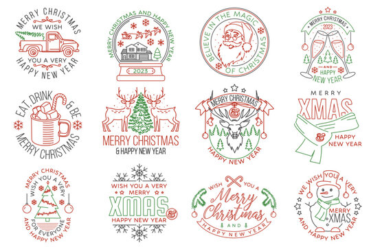Set of Merry Christmas and Happy New Year stamp sticker. Set quotes with snowflakes, mug of hot chocolate with marshmallows, snow globe, candy, sweet candy, pickup. Vector. Line art design for xmas