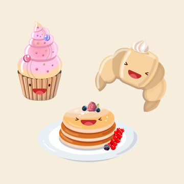 Muffin, croissant, pancakes with syrup and berries. Vector icon cute illustration. Sticker kawaii cartoon logos. Dessert  concept.  Flat cartoon style suitable for web landing page, banner, sticker.