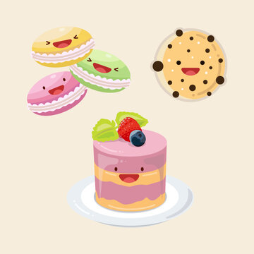 Cookies, macaroons, cake decorated with berries. Vector icon cute illustration. Sticker kawaii cartoon logos. Dessert  concept.  Flat cartoon style suitable for web landing page, banner, sticker.