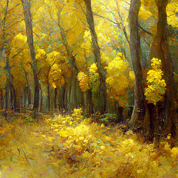 Autumn forest landscape. Colorful watercolor painting of fall season. Green and yellow trees.