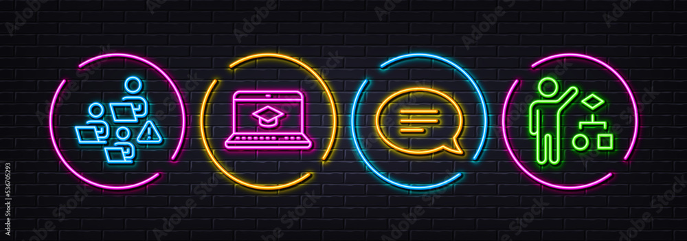 Poster chat, teamwork and website education minimal line icons. neon laser 3d lights. algorithm icons. for 