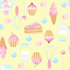 Seamless pattern sweets cake, ice cream, whisk, lollipops, marshmallows, pancake in cartoon style. Design for textiles, packaging, kitchen.