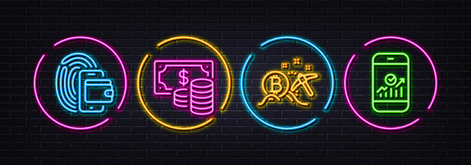 Wallet, Coins banknote and Bitcoin mining minimal line icons. Neon laser 3d lights. Smartphone statistics icons. For web, application, printing. Vector