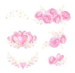 Watercolor set of compositions from pink peonies and hearts, isolated on transparent background
