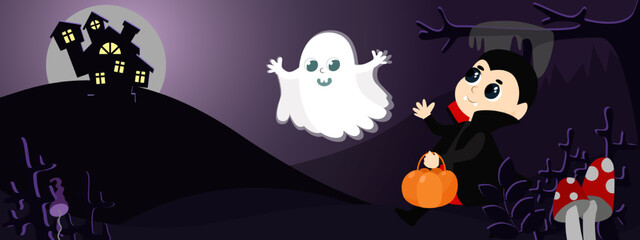 Little vampire and ghost are coming with a basket of pumpkins against the background of bushes and fly agaric mushrooms. A child in a black cloak with a large collar. Halloween character.