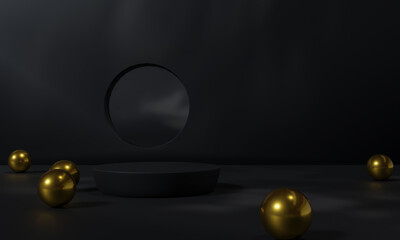 Black podium and black background stand or podium advertising display light emission. 3D rendering.
