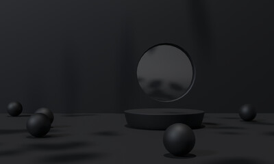 Black podium and black background stand or podium advertising display light emission. 3D rendering.