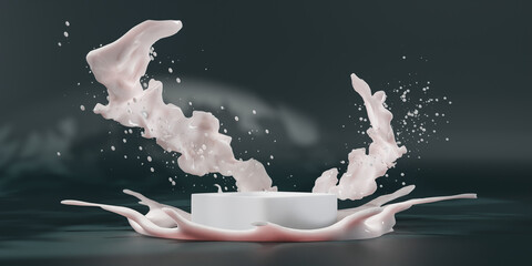 Obraz na płótnie Canvas Liquid, water or Milk splashing in the podium white isolated on white background, 3d rendering.