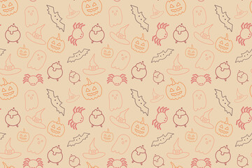 Halloween seamless pattern with spider, ghost, pumpkin, bat, witch hat.