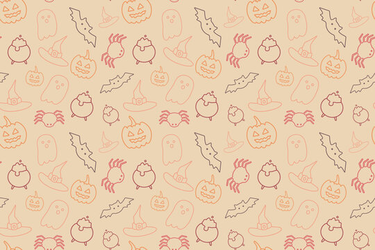 Halloween seamless pattern with spider, ghost, pumpkin, bat, witch hat.