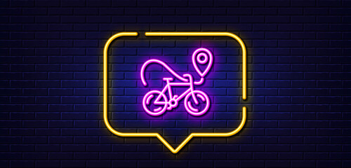 Neon light speech bubble. Bike delivery line icon. Contactless order sign. Package delivery symbol. Neon light background. Bike delivery glow line. Brick wall banner. Vector