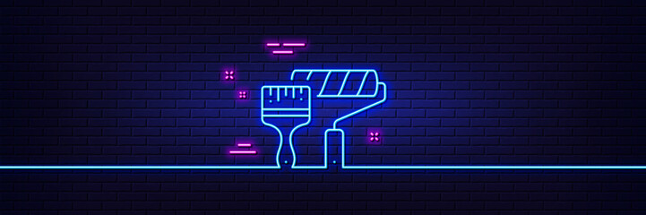 Neon light glow effect. Paint roller line icon. Wall roll brush sign. Painter tool symbol. 3d line neon glow icon. Brick wall banner. Paint roller outline. Vector