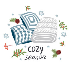 Cozy season poster with pillows and plaid.Twigs with red berries, pine branches with cones, decorative elements and hand lettered text.Vector clipart on white background.Cartoon flat  illustration.