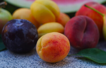 Various fruits and a slice of watermelon
