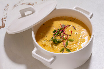 Pumpkin cream soup served with herbs in ceramic pot with lid