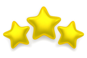 Three realistic shiny lucky stars isolated on white background. 3D rendering. Achievements for games. Customer rating feedback concept. Smooth yellow stars. 