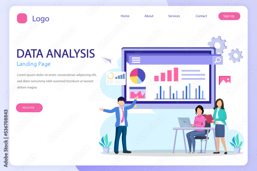 Poster data analysis landing page website flat vector template