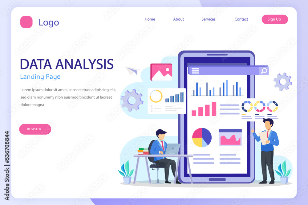 Poster data analysis landing page website flat vector template