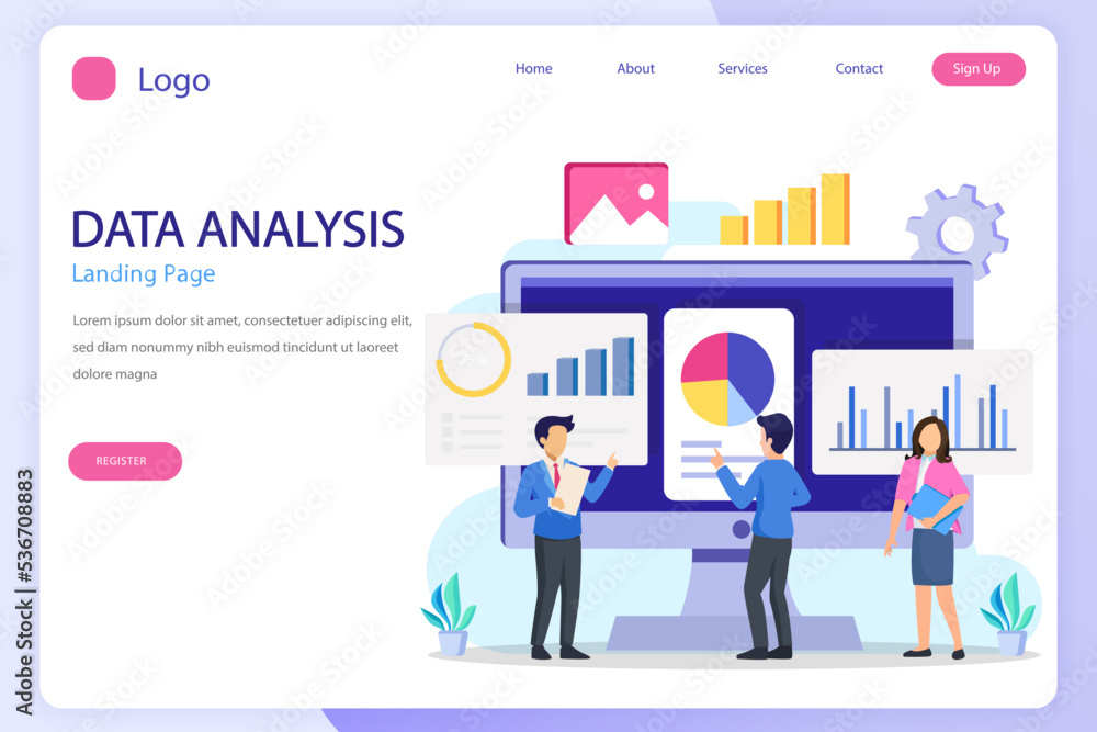Poster data analysis landing page website flat vector template