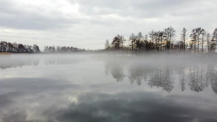 View of morning lake. Dry trees and yellow grass on the banks. Fog over the lake. Winter