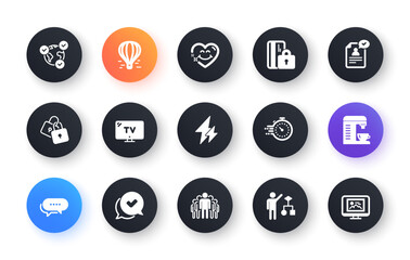 Minimal set of Electricity, Approved and Algorithm flat icons for web development. Blocked card, Air balloon, Coffee machine icons. Resume document, Locks, Tv web elements. Smile face. Vector