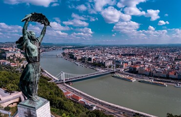 Naklejka premium Drone photo of Budapest, Hungary. The Citadel the Statue of Liberty and the river Danube.