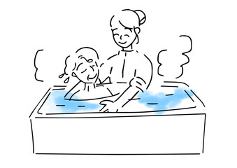 お風呂でリラックスするシニア女性と介護士のシンプルイラスト