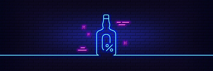 Neon light glow effect. Alcohol free line icon. Whiskey bottle sign. Bar drink symbol. 3d line neon glow icon. Brick wall banner. Alcohol free outline. Vector