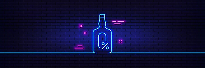 Neon light glow effect. Alcohol free line icon. Whiskey bottle sign. Bar drink symbol. 3d line neon glow icon. Brick wall banner. Alcohol free outline. Vector