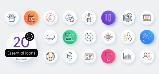 Simple set of Hat-trick, Dots message and Chemistry experiment line icons. Include Smile, Users, Globe icons. Love champagne, Fake document, Table lamp web elements. Logistics network. Vector