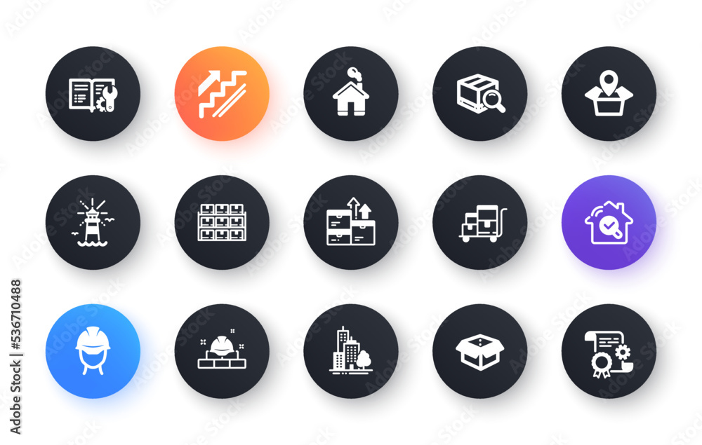 Poster minimal set of construction bricks, skyscraper buildings and inspect flat icons for web development.