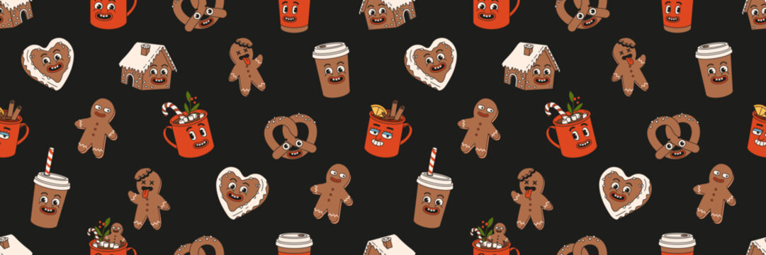 Naklejka Christmas market street foods and drinks seamless pattern. Coffee, cocoa, mulled wine, candy, glintwine, pretzel, cookie, gingerbread in trendy retro cartoon style. Merry Christmas and Happy New year.