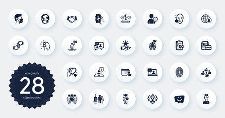 Set of People icons, such as Handshake, Global business and Music app flat icons. International recruitment, Healthy face, Love couple web elements. Vacancy, Doctor, Hold heart signs. Vector