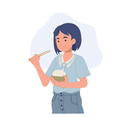 woman eating rice with chopstick. Vector illustration